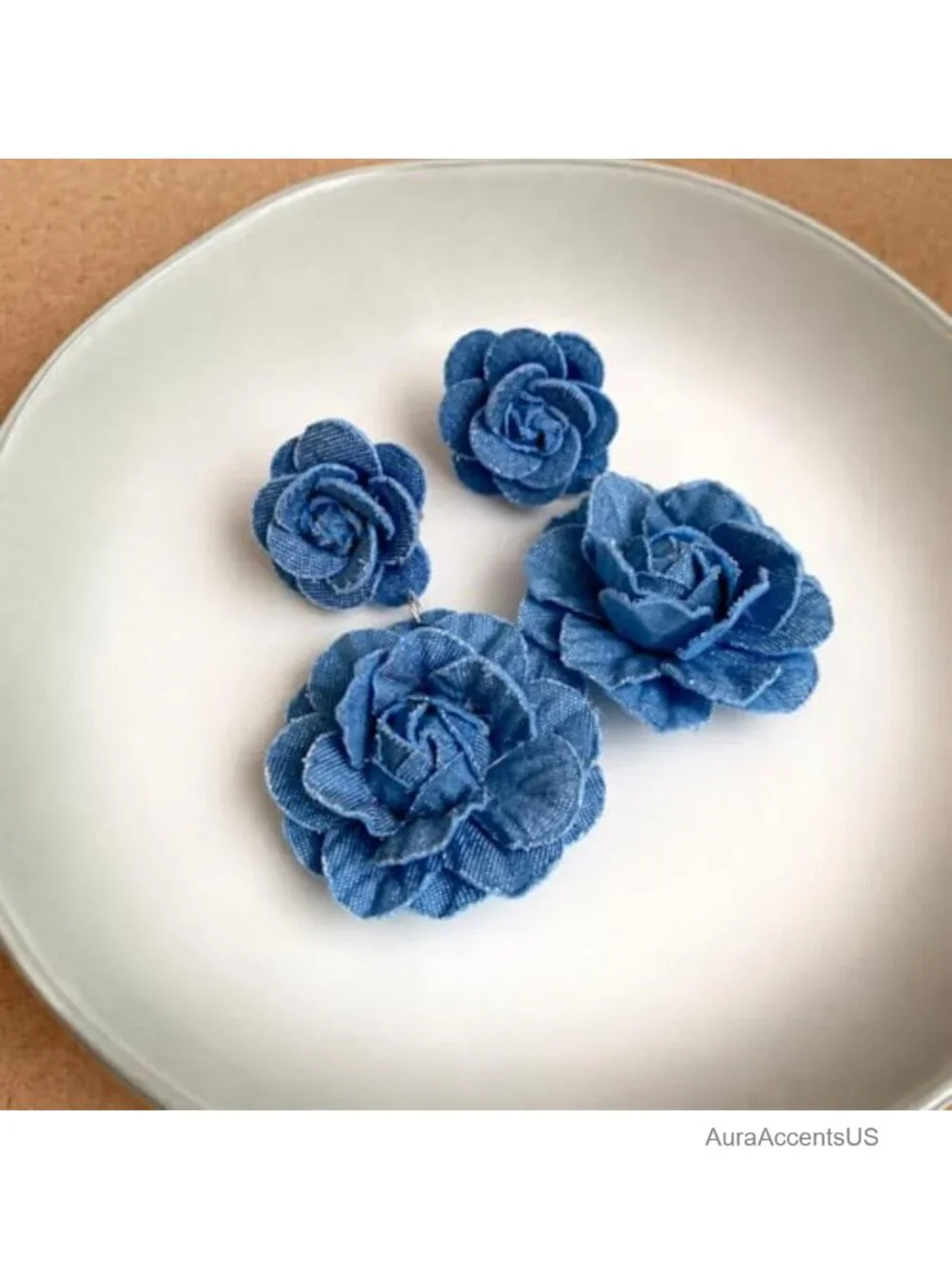 Denim Flower Statement Earrings, Boho Fabric Rose Dangle Earrings Lightweight